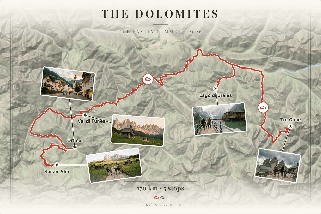 A finished Wanderprint poster of a Dolomites family trip — the route, the stops, and real photos on a terrain map.